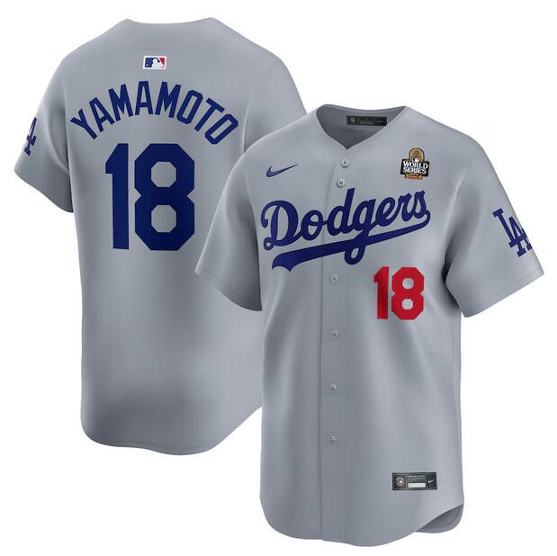 Men's Los Angeles Dodgers #18 Yoshinobu Yamamot Grey 2024 World Series Alternate Limited Stitched Baseball Jersey Men's Los Angeles Dodgers #18 Yoshinobu Yamamot Grey 2024 World Series Alternate Limited Stitched Baseball Jersey